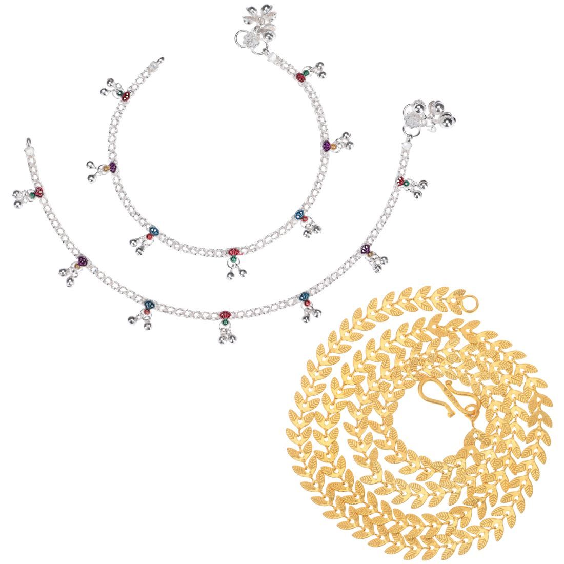 AanyaCentric Latest Silver Plated Anklets Pair & 22inches Long Gold Plated Chain Stylish Women and Girls Accessories