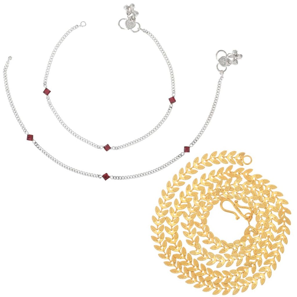 AanyaCentric Latest Silver Plated Anklets Pair & 22 inches Long Gold Plated Chain Stylish Women and Girls Accessories