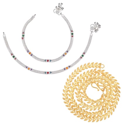 AanyaCentric Latest Silver Plated Anklets & 22inches Long Gold Plated Chain Stylish Women and Girls Accessories