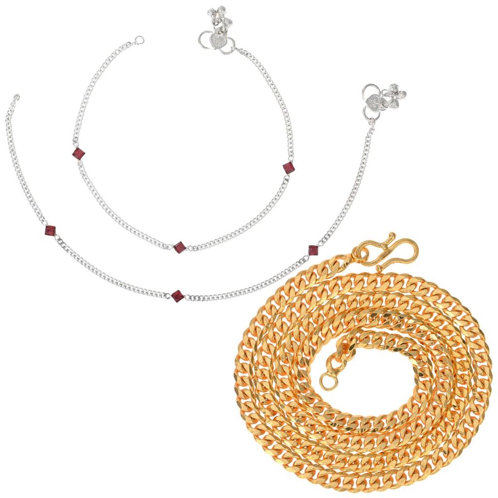 AanyaCentric Latest Silver Plated Anklets Pair & 22inches Gold Plated Chain Stylish Women and Girls Accessories