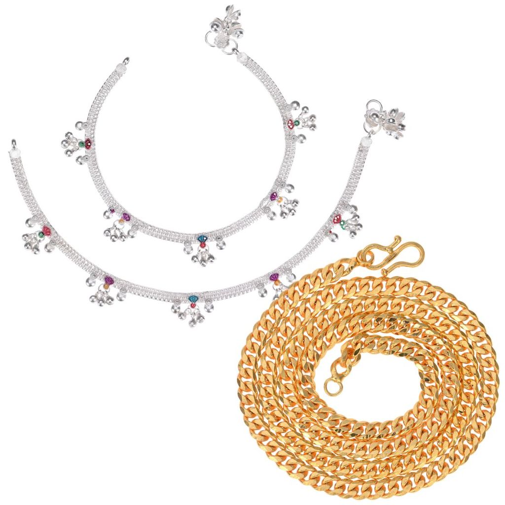 AanyaCentric Latest Silver Plated Anklets & 22inches Gold Plated Chain Stylish Women and Girls Accessories