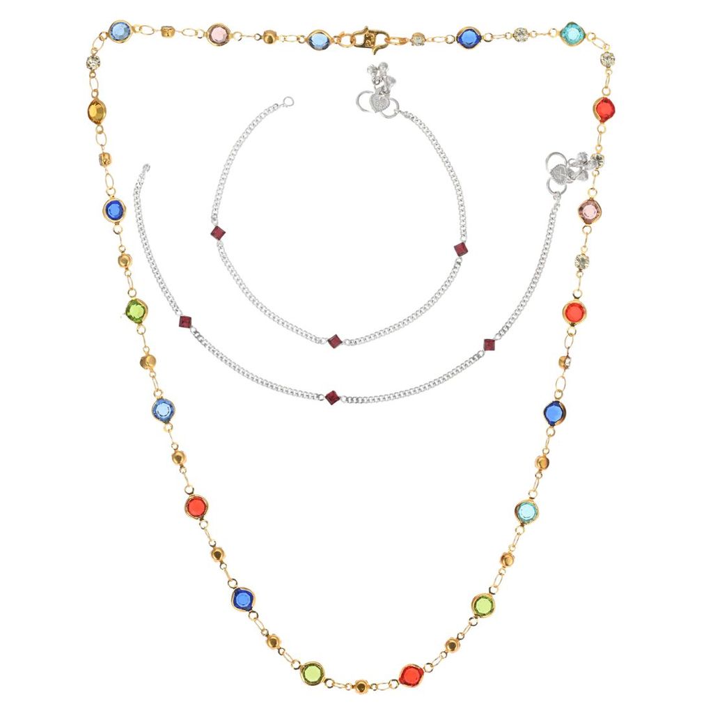 AanyaCentric Elegant Silver Plated Anklets & 22inch Long Gold Plated Chain - Stylish Women's and Girls' Accessories