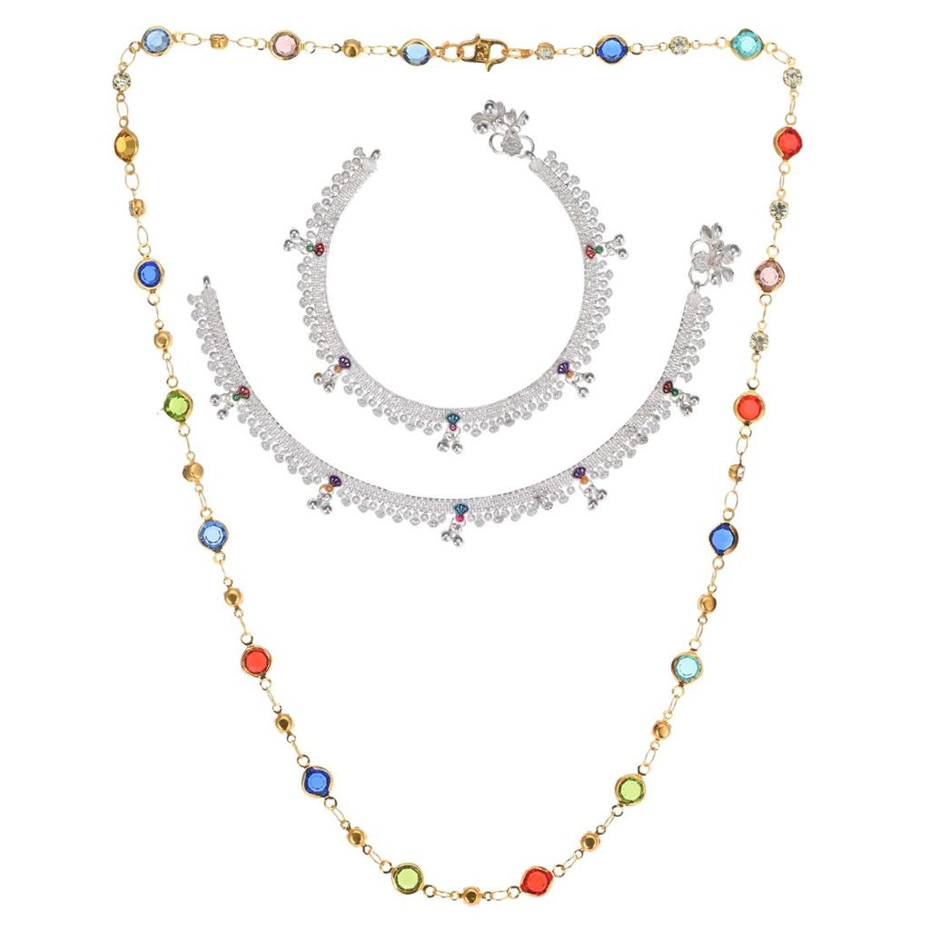 AanyaCentric Elegant Silver Plated Anklets Pair & 22 inch Gold Plated Chain - Stylish Women's and Girls' Accessories