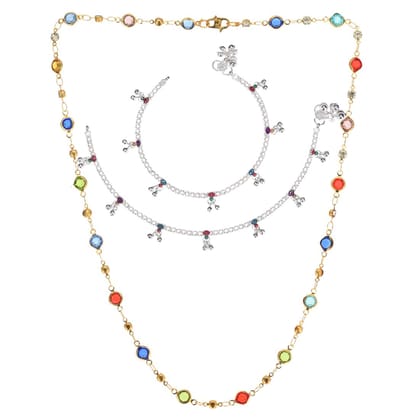 AanyaCentric Elegant Silver Plated Anklets Pair & 22 inches Gold Plated Chain - Stylish Women's and Girls' Accessories