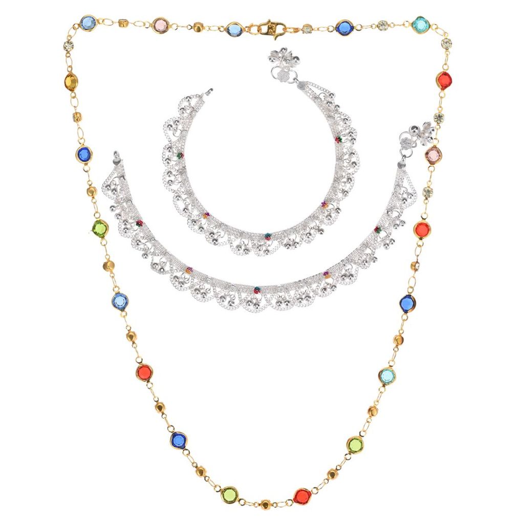 AanyaCentric Elegant Silver Plated Anklets Pair & 22" Gold Plated Chain - Stylish Women's and Girls' Accessories