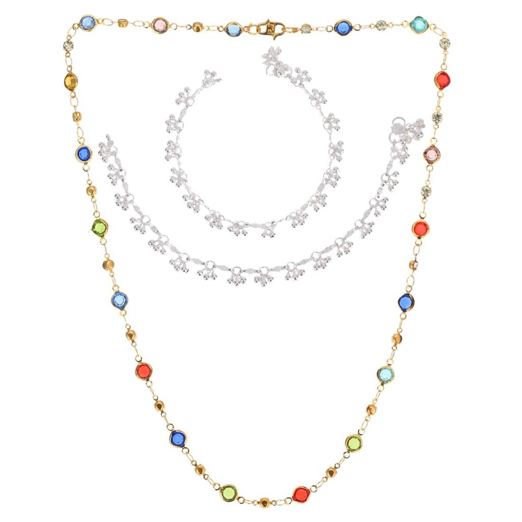 AanyaCentric Elegant Silver Plated Anklets Pair & 22inches Gold Plated Chain - Stylish Women's and Girls' Accessories