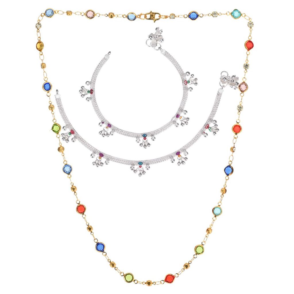 AanyaCentric Elegant Silver Plated Anklets Pair & 22inch Gold Plated Chain - Stylish Women's and Girls' Accessories