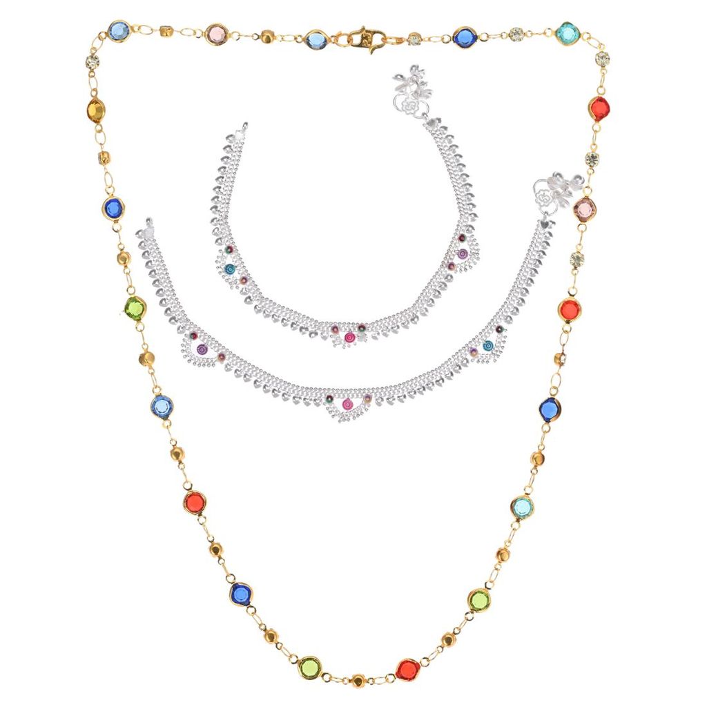 AanyaCentric Elegant Silver Plated Anklets & 22inch Gold Plated Chain - Stylish Women's and Girls' Accessories