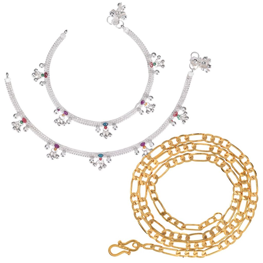 AanyaCentric Latest Silver Plated Anklets Pair & 22 inch Long Gold Plated Chain Stylish Women's and Girls' Accessories