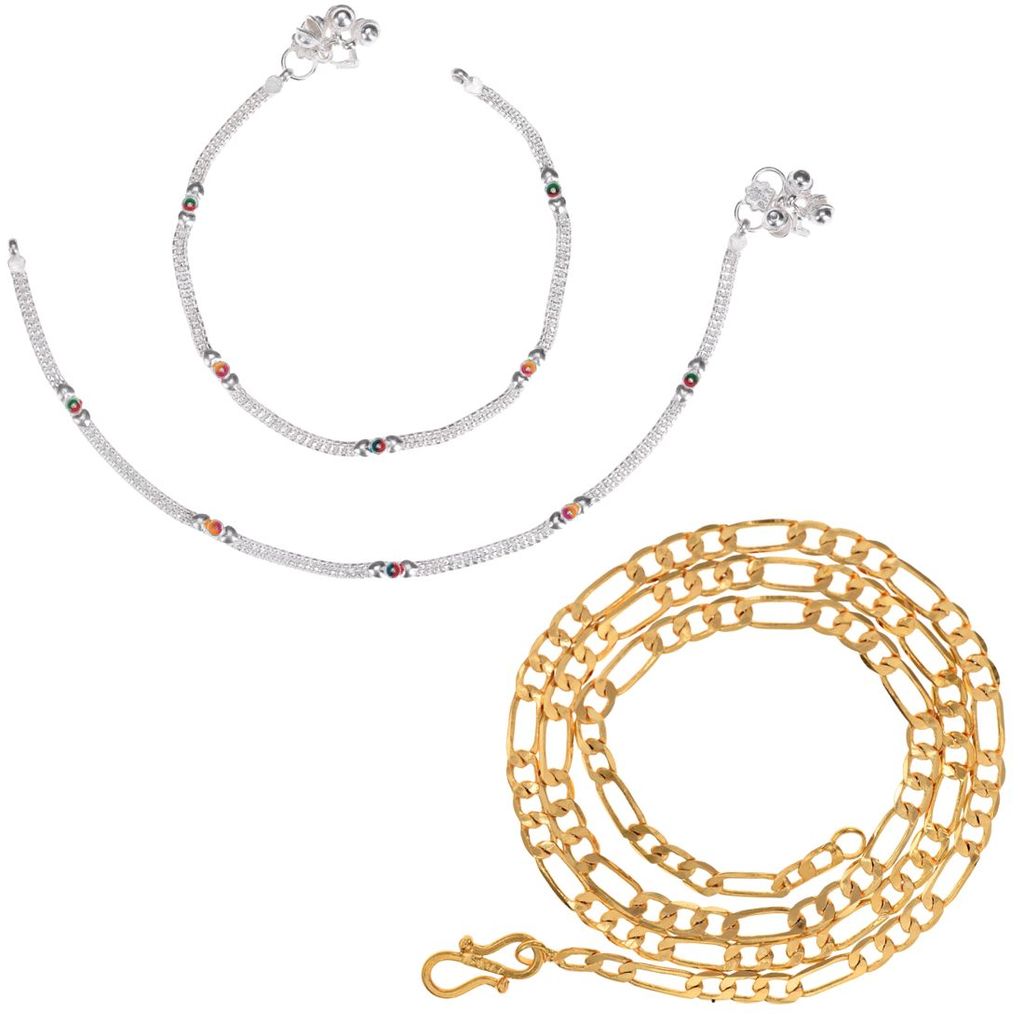 AanyaCentric Latest Silver Plated Anklets Pair & 22" Long Gold Plated Chain Stylish Women's and Girls' Accessories