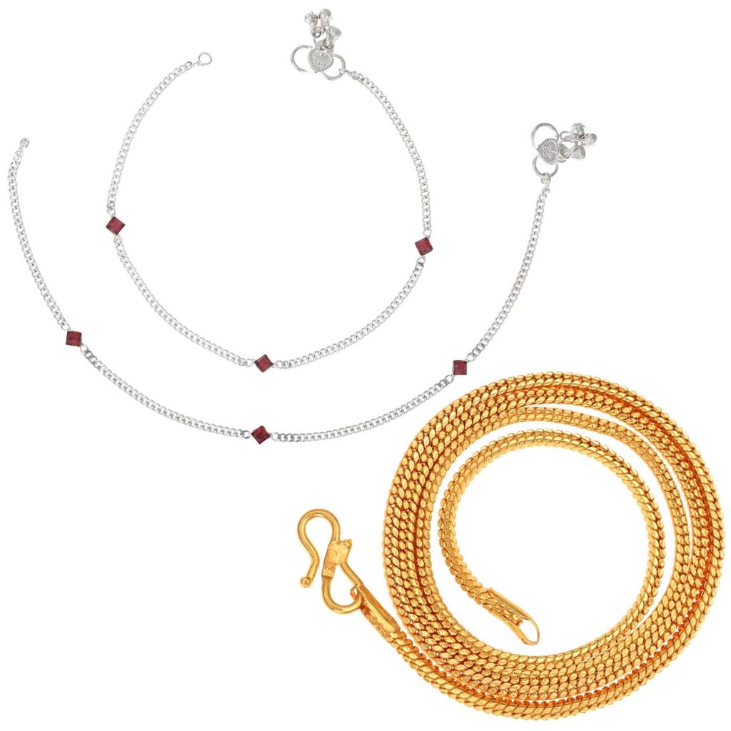 AanyaCentric Latest Silver Plated Anklets & 22inch Long Gold Plated Chain Stylish Women's and Girls' Accessories