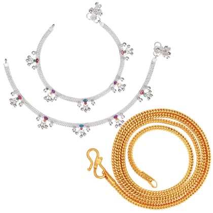AanyaCentric Latest Silver Plated Anklets Pair & 22inch Gold Plated Chain Stylish Women's and Girls' Accessories