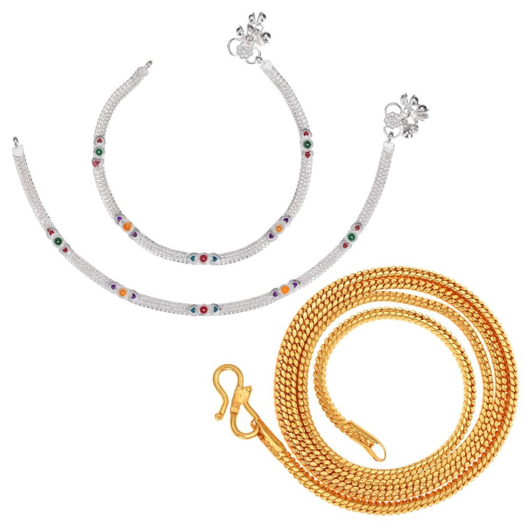 AanyaCentric Latest Silver Plated Anklets & 22 inches Gold Plated Chain Stylish Women's and Girls' Accessories