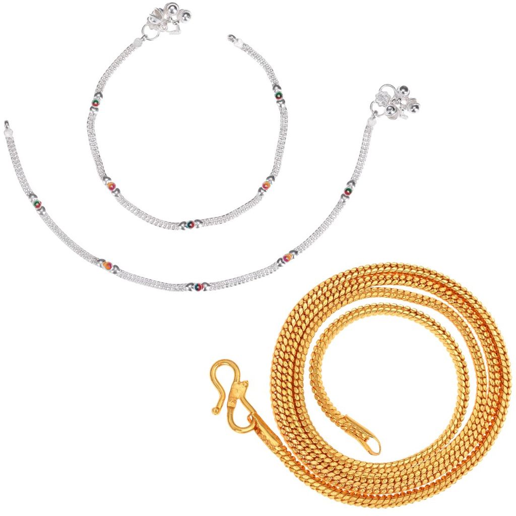 AanyaCentric Latest Silver Plated Anklets & 22 inch Gold Plated Chain Stylish Women's and Girls' Accessories
