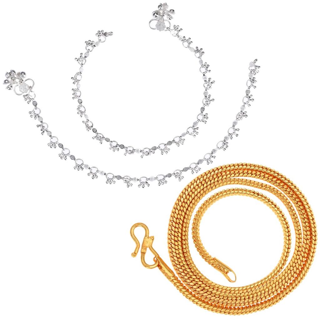 AanyaCentric Latest Silver Plated Anklets & 22inches Gold Plated Chain Stylish Women's and Girls' Accessories