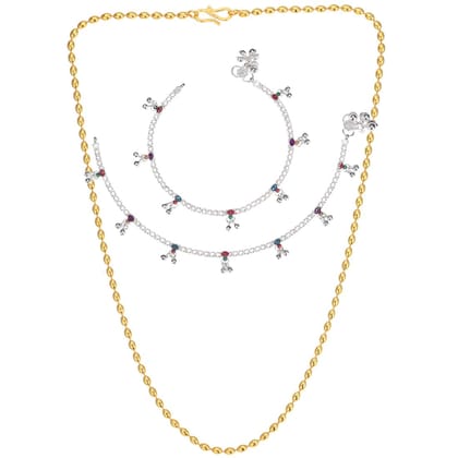 AanyaCentric Latest Silver Plated Anklets Pair & 22inches Long Gold Plated Chain - Stylish Women's and Girls' Accessories