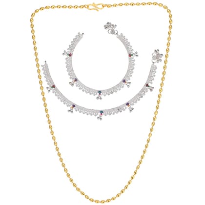 AanyaCentric Latest Silver Plated Anklets Pair & 22inch Long Gold Plated Chain - Stylish Women's and Girls' Accessories
