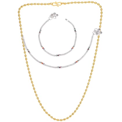 AanyaCentric Latest Silver Plated Anklets & 22inch Long Gold Plated Chain - Stylish Women's and Girls' Accessories