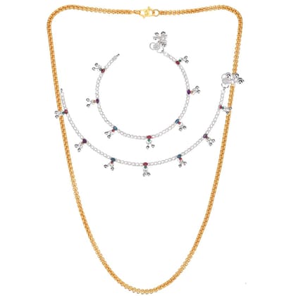 AanyaCentric Elegant Silver Plated Anklets & 22 inch Long Gold Plated Chain Stylish Women and Girls Jewelry Set