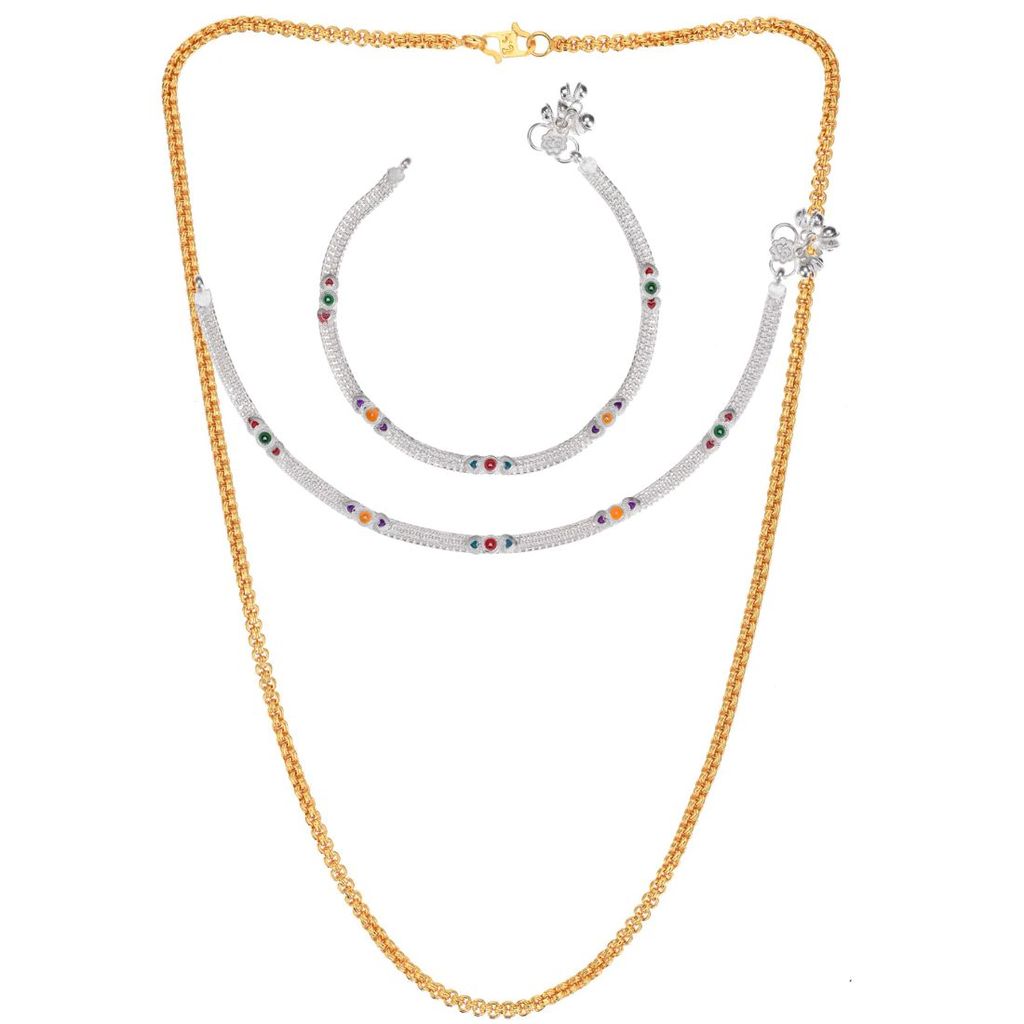 AanyaCentric Elegant Silver Plated Anklets Pair & 22 inch Gold Plated Chain Stylish Women and Girls Jewelry Set
