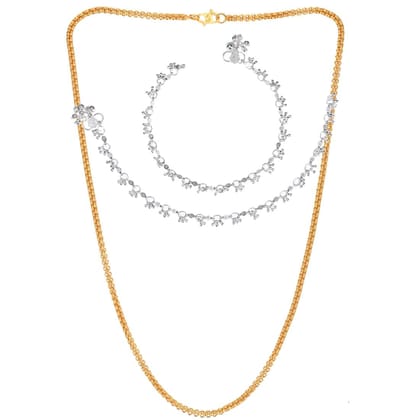 AanyaCentric Elegant Silver Plated Anklets Pair & 22inch Gold Plated Chain Stylish Women and Girls Jewelry Set