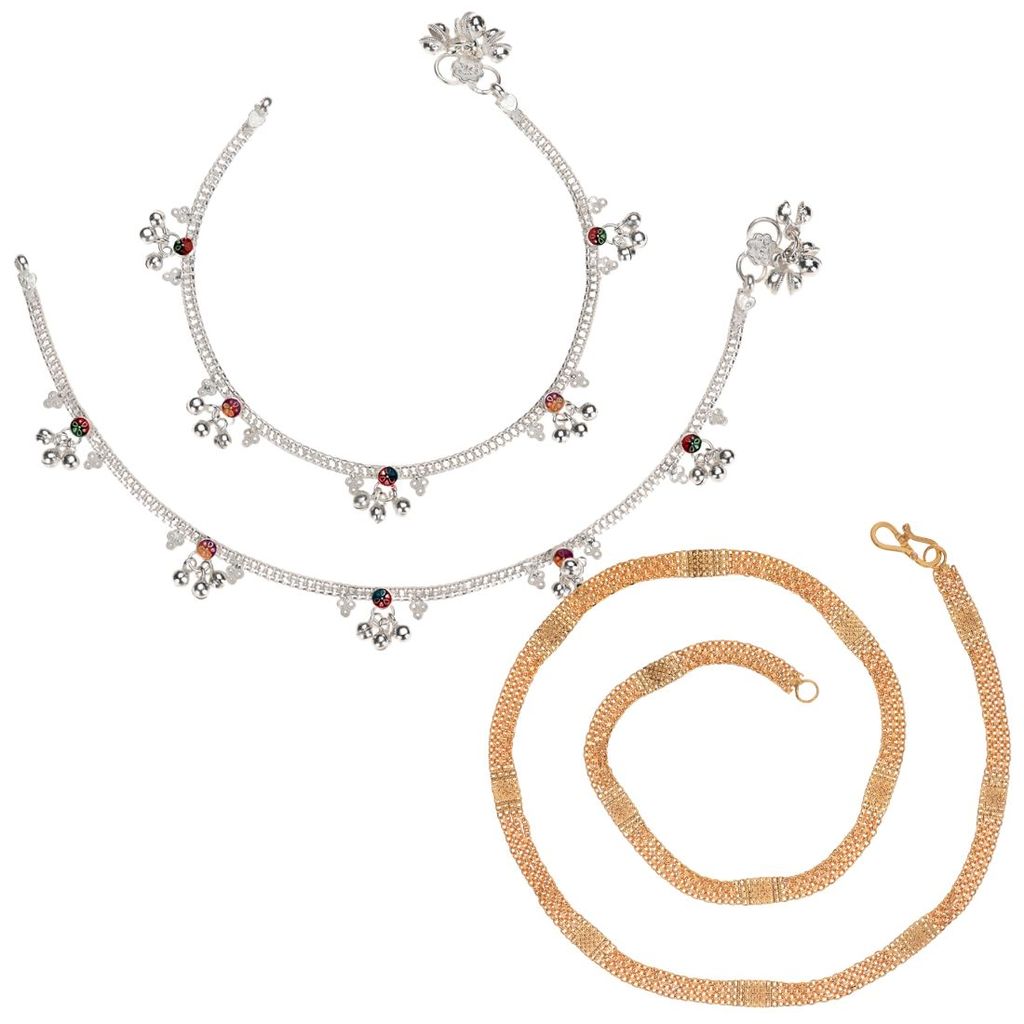AanyaCentric Elegant Silver Plated Anklets & 22inches Gold Plated Chain Stylish Women and Girls Jewelry Set