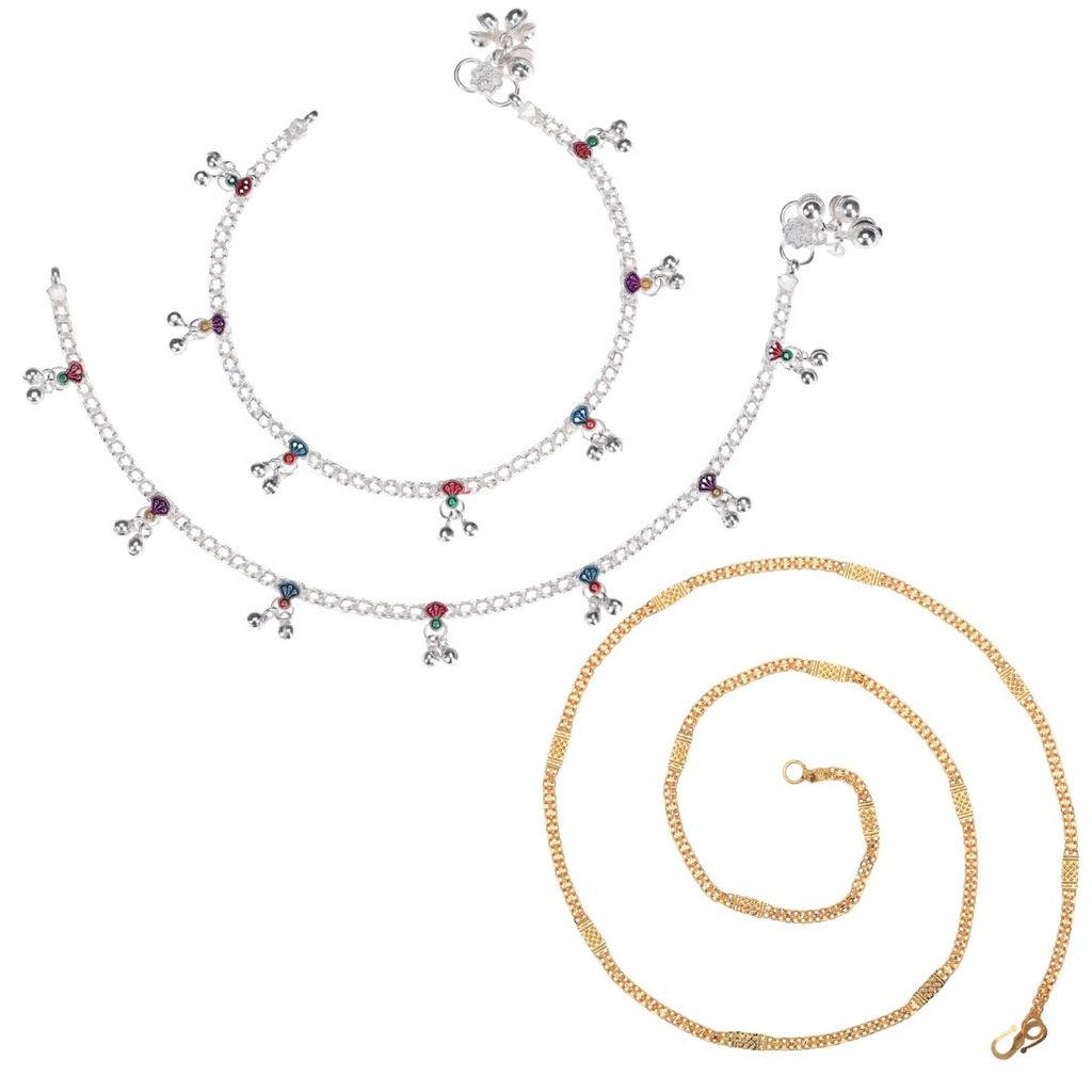 AanyaCentric Elegant Silver Plated Anklets Pair & 22 inches Gold Plated Chain - Stylish Women and Girls Jewelry Set