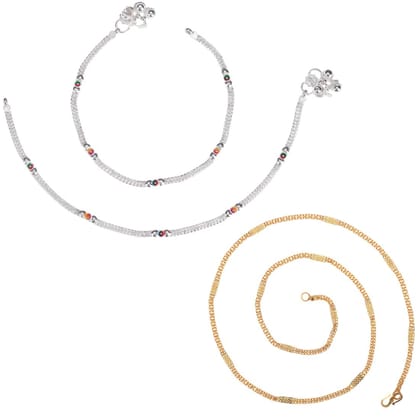 AanyaCentric Elegant Silver Plated Anklets & 22 inch Gold Plated Chain - Stylish Women and Girls Jewelry Set