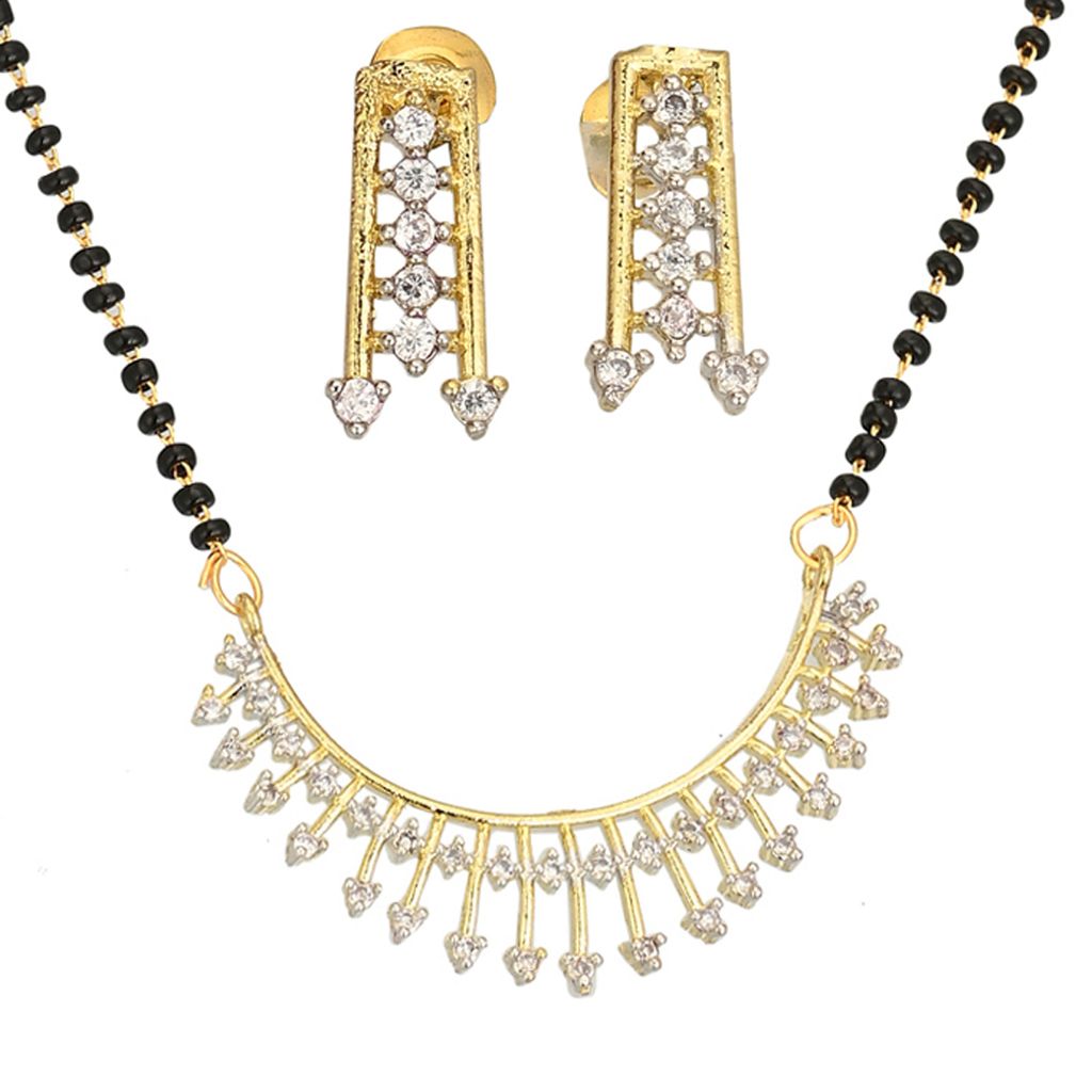 AanyaCentric Jewelry Set of Silver Plated Anklets and Gold Plated AD 18" Mangalsutra Pendant Earring