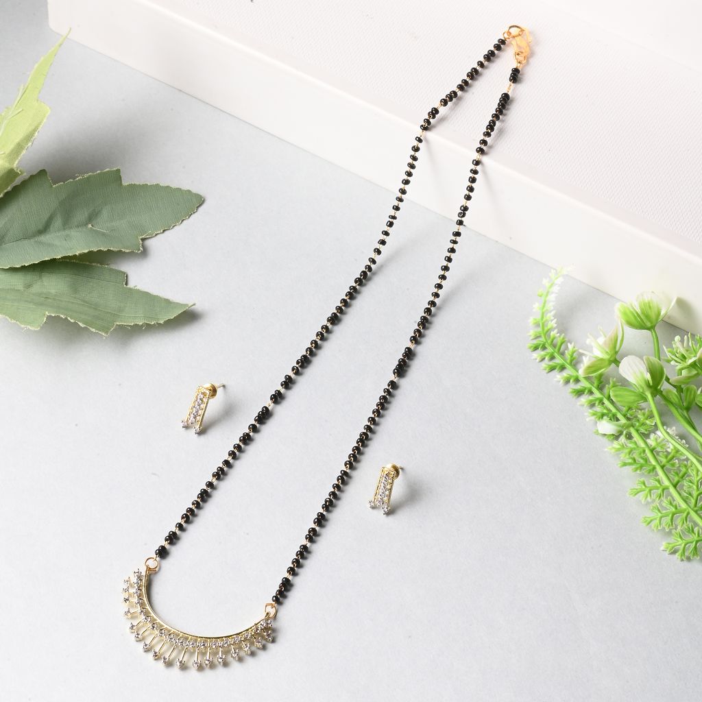 AanyaCentric Jewelry Set of Silver Plated Anklets and Gold Plated AD 18" Mangalsutra Pendant Earring