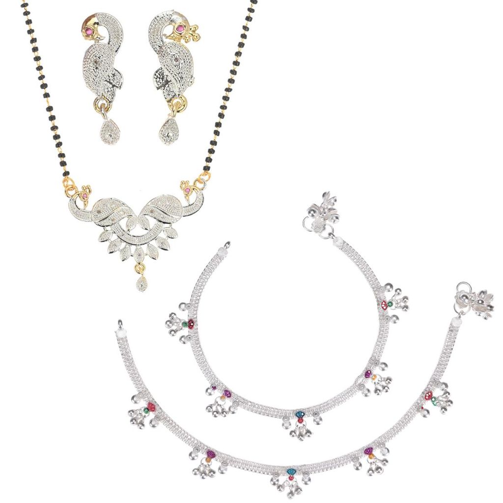 AanyaCentric Jewellery Set of Silver Plated Anklet and Gold Plated AD 18" Short Mangalsutra Pendant Earring