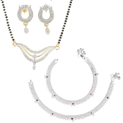 AanyaCentric Jewelry Set of Silver Plated Anklets and Gold-Plated AD 18" Mangalsutra Pendant Earring