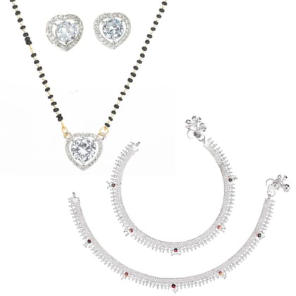 AanyaCentric Jewellery Set of Silver Plated Anklet and Gold-Plated AD 18" Mangalsutra with Pendant Earring