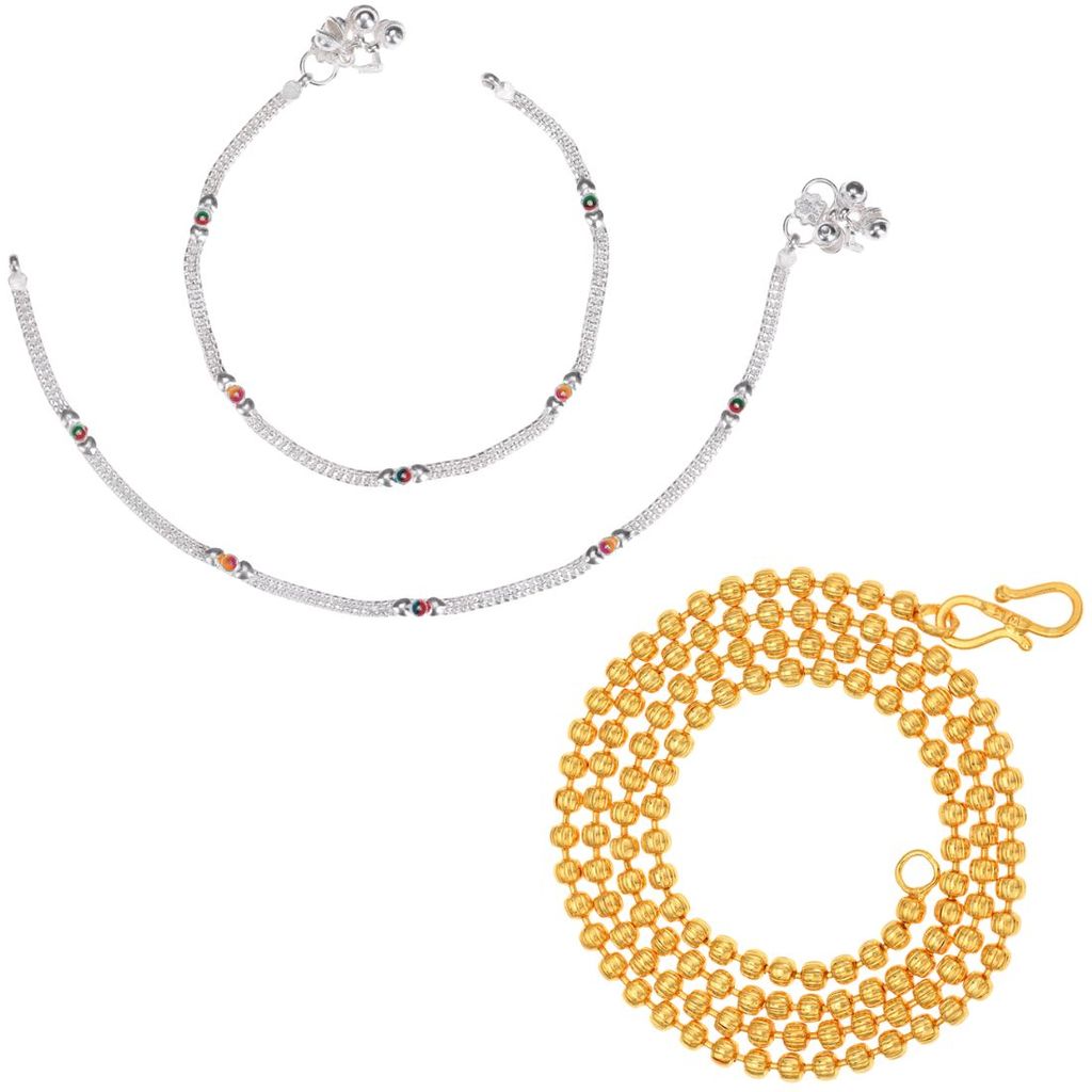 AanyaCentric Elegant Silver Plated Anklets Pair & 22 inches Long Gold Plated Chain - Stylish Women's and Girls' Jewelry Set