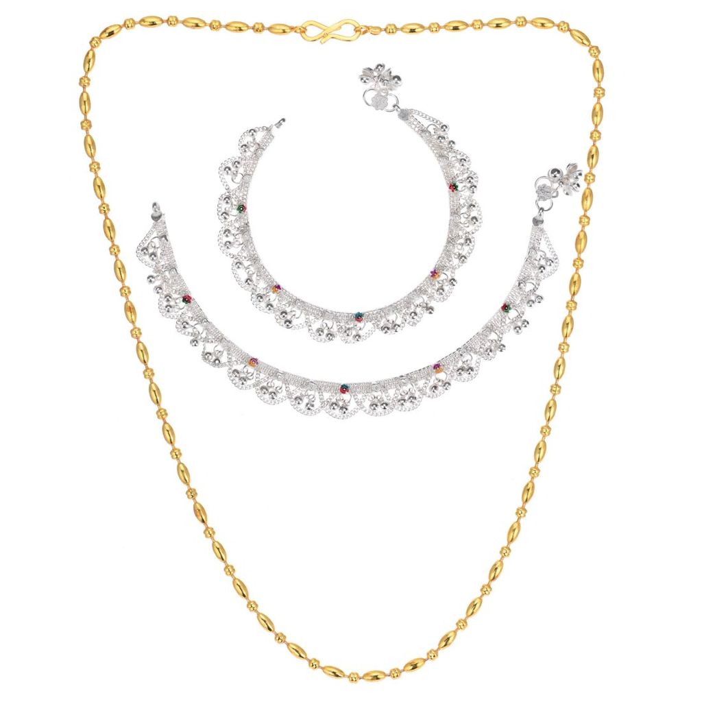 AanyaCentric Elegant Silver Plated Anklets Pair & 22 inches Gold Plated Chain - Stylish Women's and Girls' Jewelry Set
