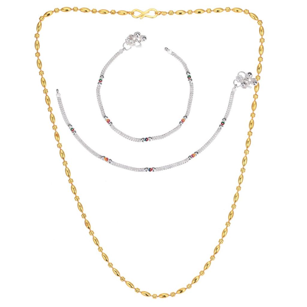 AanyaCentric Elegant Silver Plated Anklets Pair & 22inches Gold Plated Chain - Stylish Women's and Girls' Jewelry Set