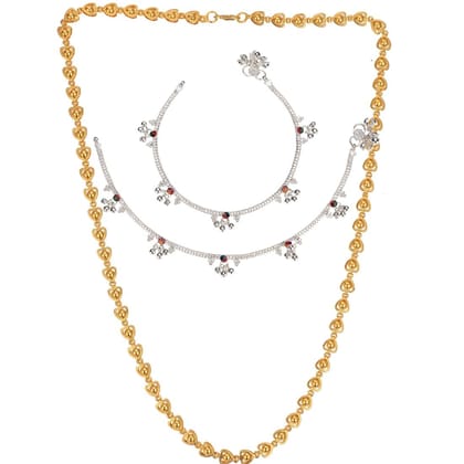 AanyaCentric Elegant Silver Plated Anklets Pair & 22 inch Long Gold Plated Chain - Stylish Women and Girls Accessories