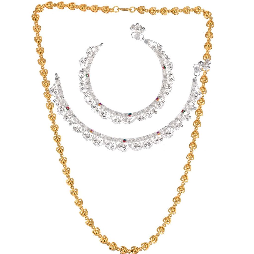 AanyaCentric Elegant Silver Plated Anklets & 22 inch Long Gold Plated Chain - Stylish Women and Girls Accessories
