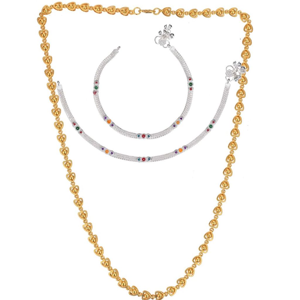 AanyaCentric Elegant Silver Plated Anklets & 22inches Long Gold Plated Chain - Stylish Women and Girls Accessories