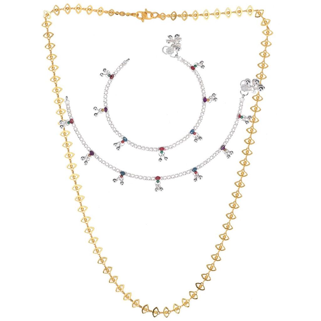 AanyaCentric Elegant Silver Plated Anklets Pair & 22" Gold Plated Chain - Stylish Women and Girls Accessories