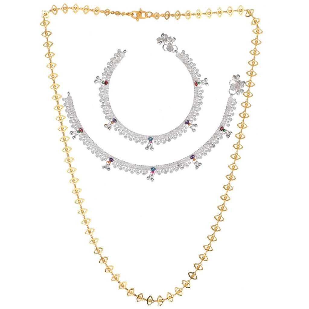 AanyaCentric Elegant Silver Plated Anklets & 22 inches Gold Plated Chain - Stylish Women and Girls Accessories