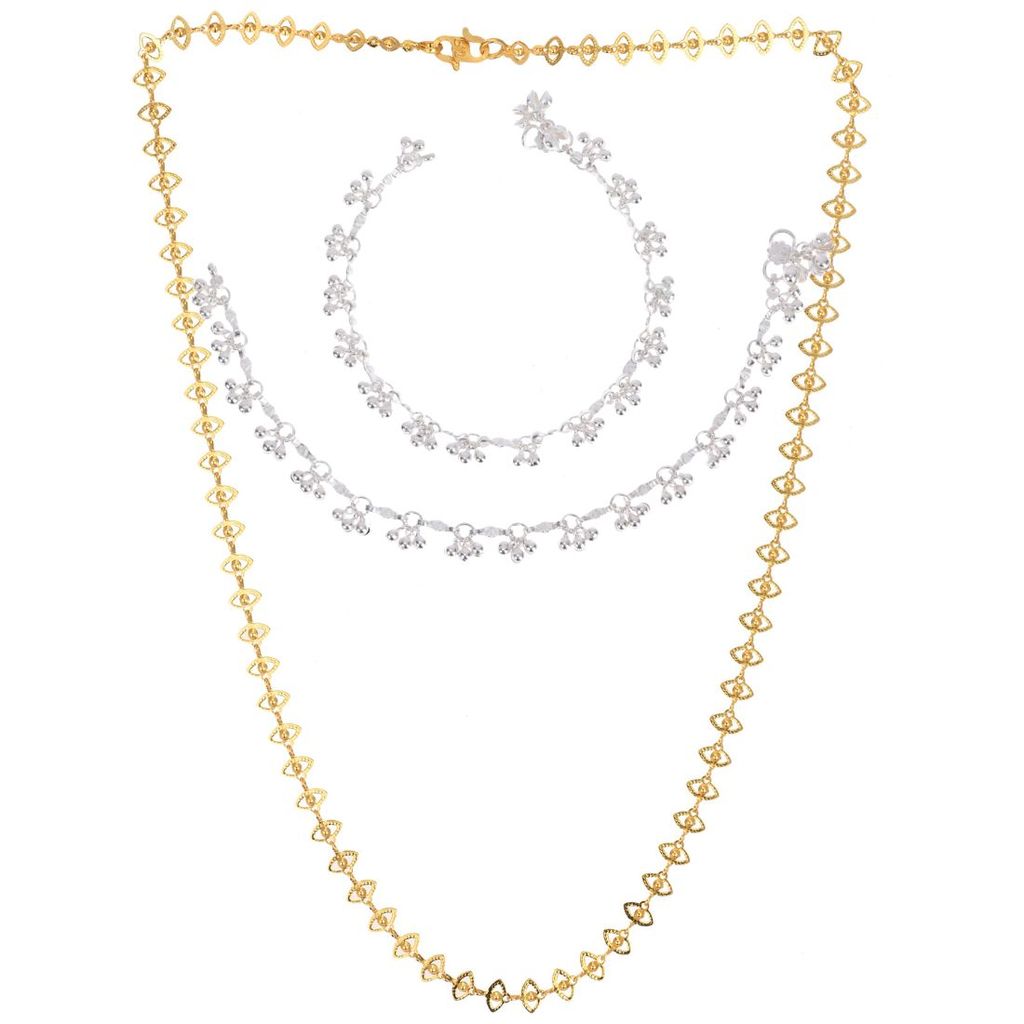 AanyaCentric Elegant Silver Plated Anklets & 22 inch Gold Plated Chain - Stylish Women and Girls Accessories
