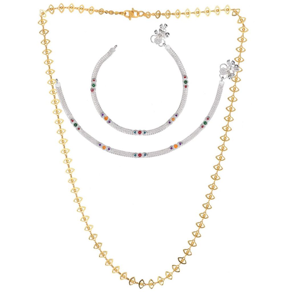 AanyaCentric Elegant Silver Plated Anklets & 22" Gold Plated Chain - Stylish Women and Girls Accessories