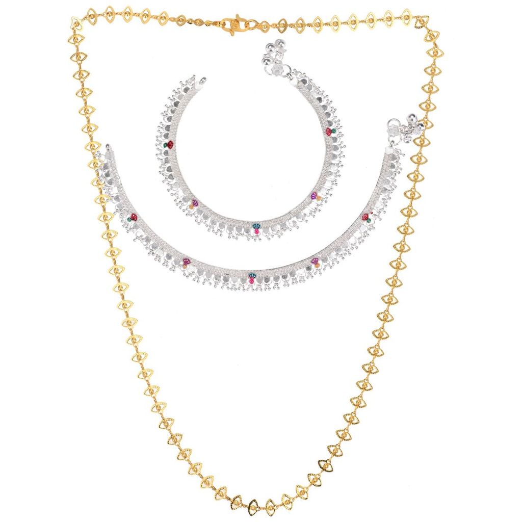 AanyaCentric Elegant Silver Plated Anklets Pair & 22inch Long Gold Plated Chain Stylish Women's and Girls' Accessories