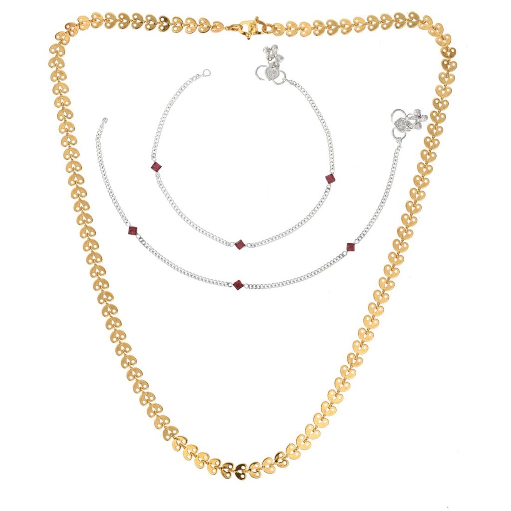 AanyaCentric Elegant Silver Plated Anklets Pair & 22" Long Gold Plated Chain Stylish Women's and Girls' Accessories