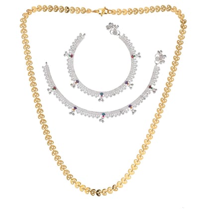 AanyaCentric Elegant Silver Plated Anklets & 22inches Long Gold Plated Chain Stylish Women's and Girls' Accessories