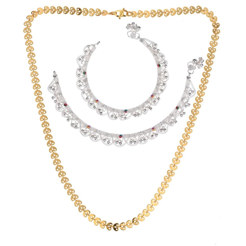 AanyaCentric Elegant Silver Plated Anklets Pair & 22 inches Gold Plated Chain Stylish Women's and Girls' Accessories