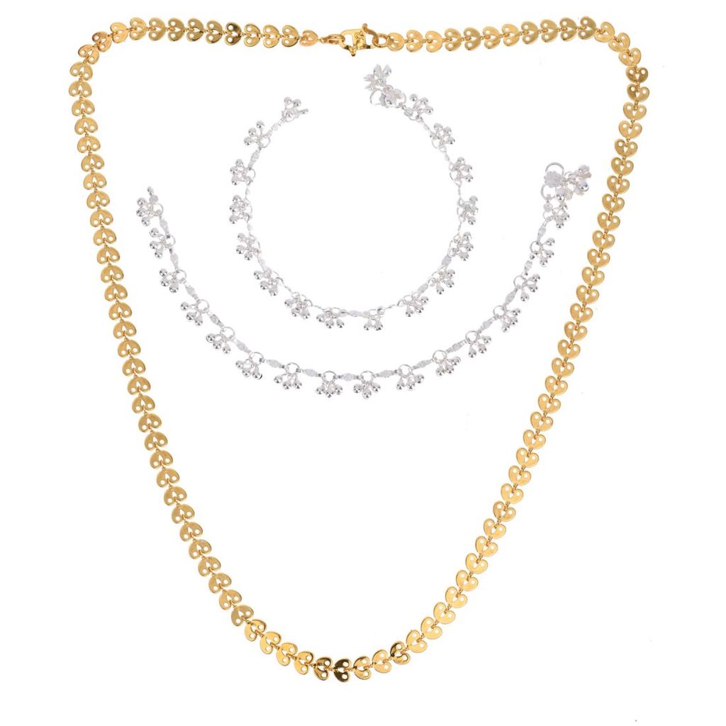 AanyaCentric Elegant Silver Plated Anklets & 22inch Long Gold Plated Chain Stylish Women's and Girls' Accessories