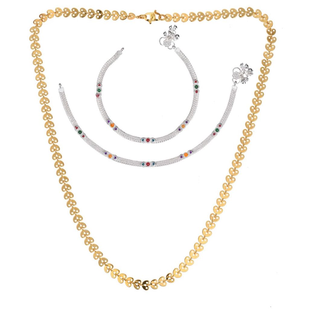 AanyaCentric Elegant Silver Plated Anklets Pair & 22 inch Gold Plated Chain Stylish Women's and Girls' Accessories