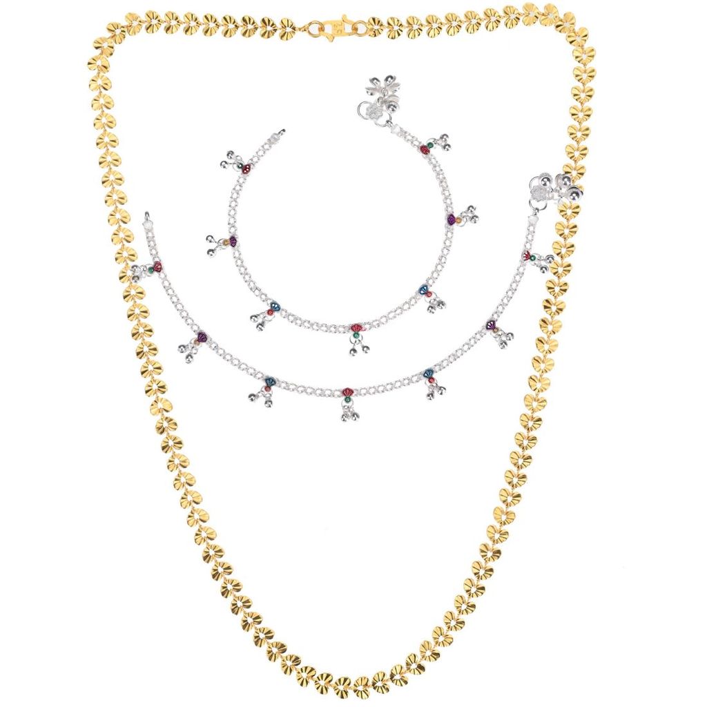 AanyaCentric Elegant Silver Plated Anklets & 22inch Gold Plated Chain Stylish Women's and Girls' Accessories
